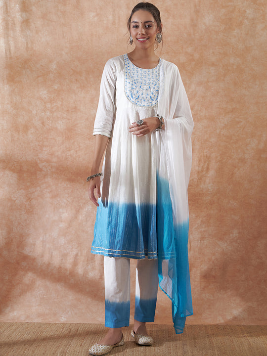 White Lurex Blue Dye Patch Gota Anarkali Kurta Set W Dupatta