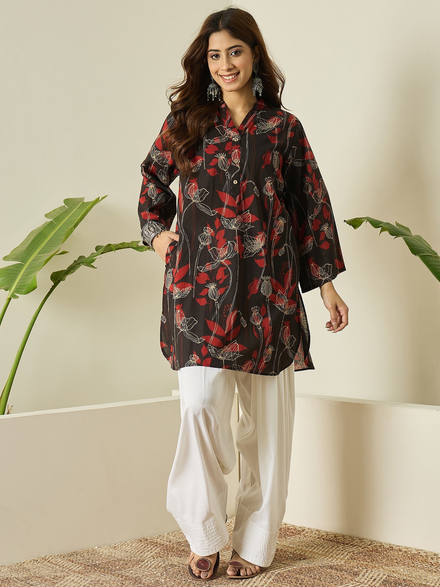 Black Maroon Leaf Kurta White Salwar Set