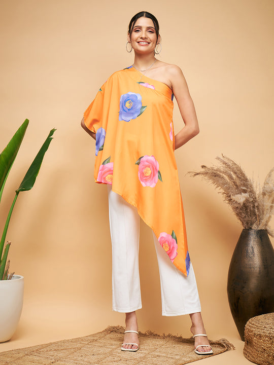 Haldi Yellow Pink Mauve Flower One Shoulder Kurta