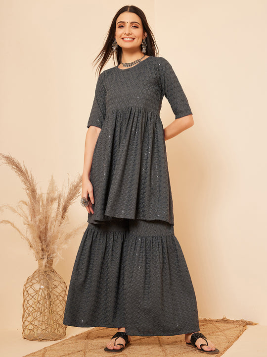 Grey Chikankari Kurta Sharara Set