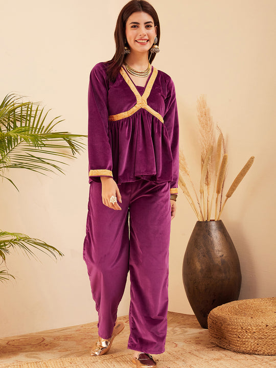 Wine Mughal Shaan Style Velvet Short Kurta Set