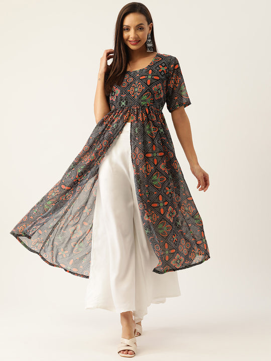 Black Bandhani Georgette Front Slit Kurta Set