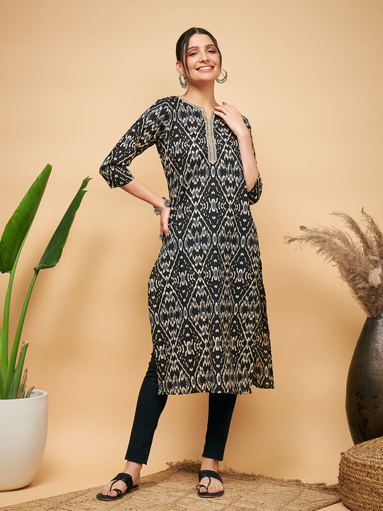 BLACK IKKAT PRINT GOTA COTTON STRAIGHT KURTA