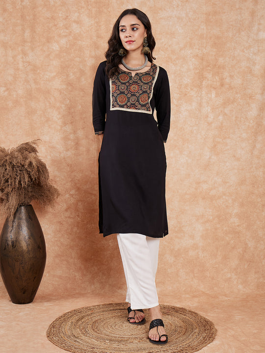 Black Printed Neck Patch Work Straight Kurta