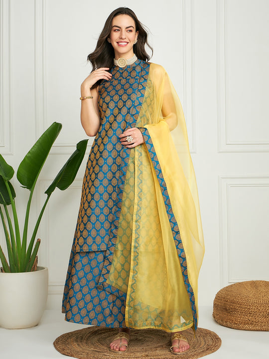 Yale Blue Jacquard Halter Kurta Set W Yellow Or Dupatta