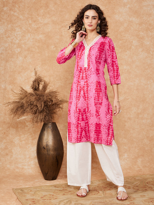 Bright Pink Tie & Dye White Lace Neck V Neck Straight Kurta