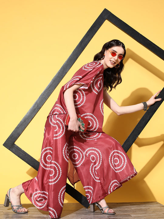 Maroon Bandhani Motif One Shoulder Palazzo Set