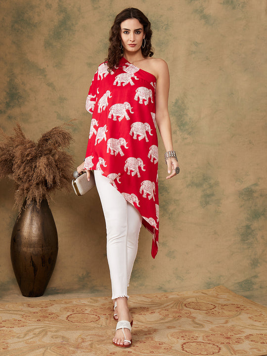 Red Elephant Print Oneshoulder Top