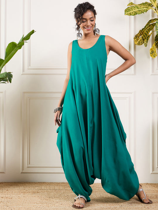 Teal Round Sleeveless Jumpsuit