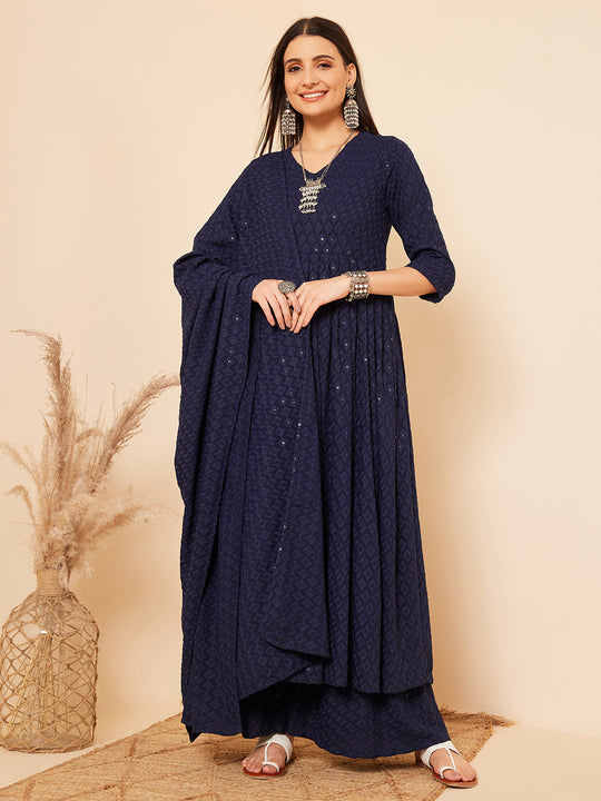 Royal Blue Chikankari Long Anarkali Kurta Sharara Set W Dupatta
