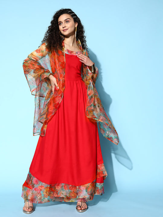 Red Strappy Orgranza Border Kurta Set With Dupatta