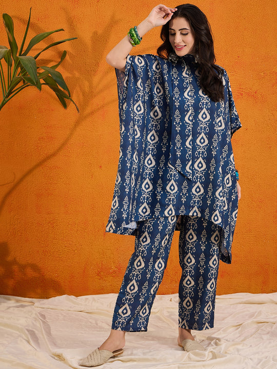 Elegant Blue Ikkat Print Tie Neck Kaftan Boho Set