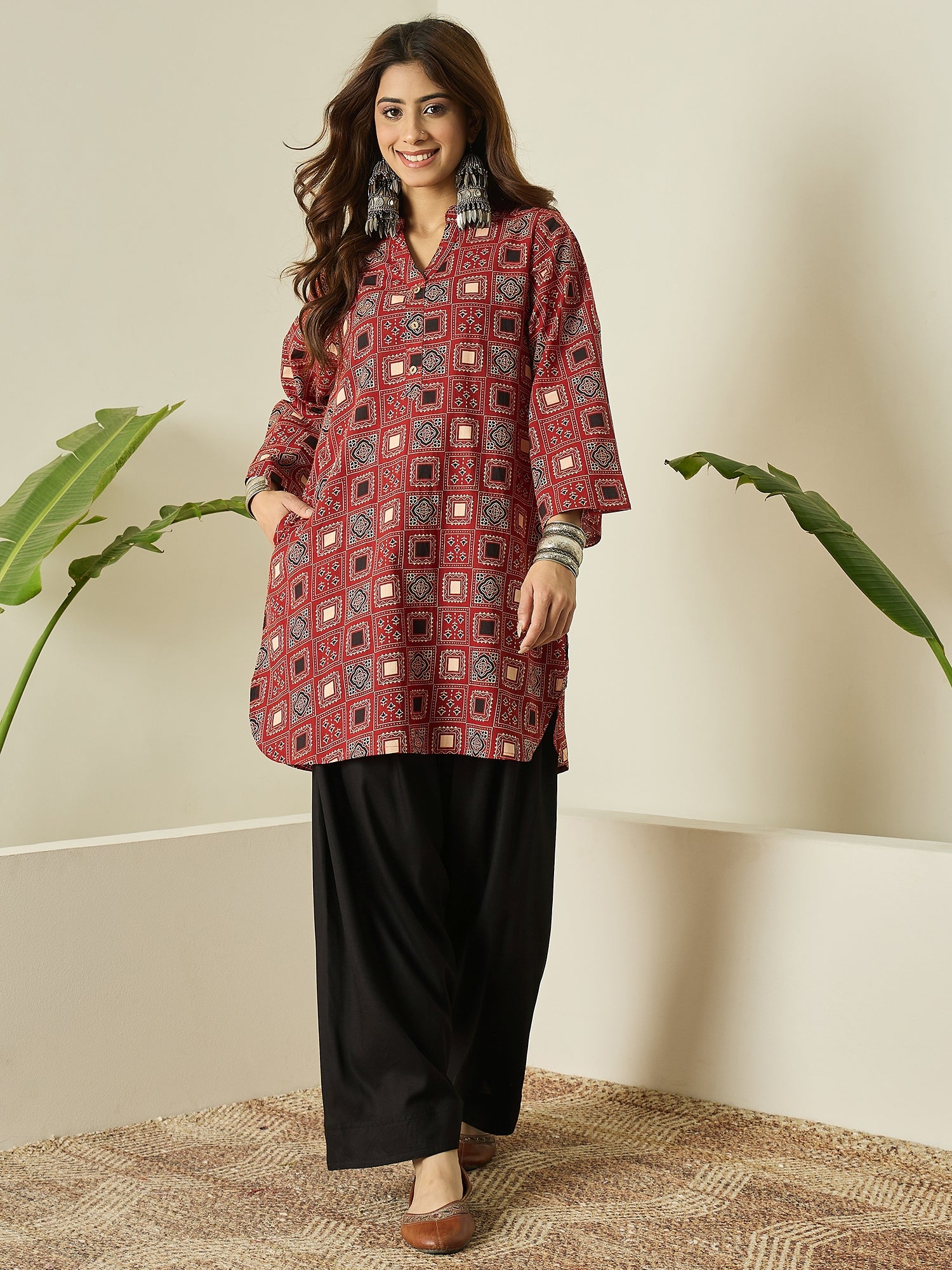 Rust Black Ethnic Kurta White Salwar Set