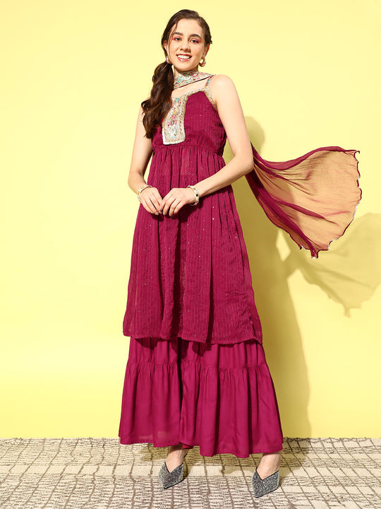 Maroon Gota Insert Neckline Sharara Set