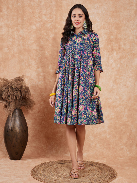 Bottle Green Pink Floral Print Flared Dress
