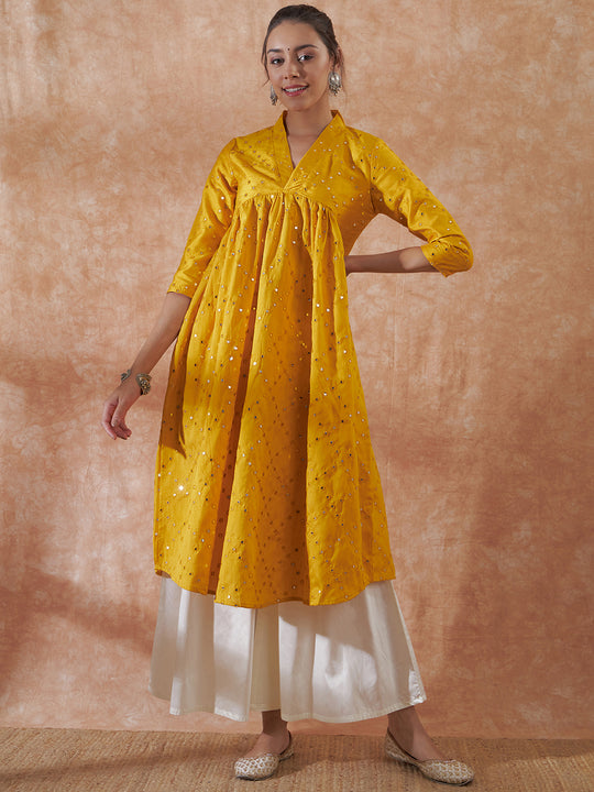 Mustard Mirror Work Flared Kurta