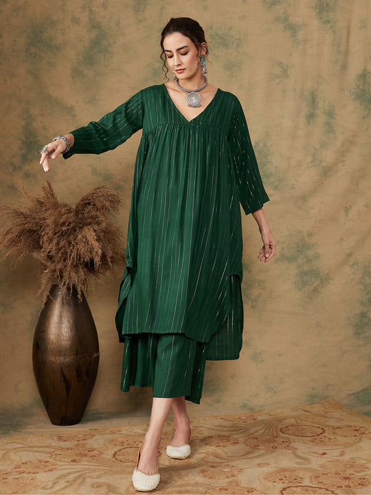 Pine Green Lurex Flared V Neck Kurta Palazzo Set