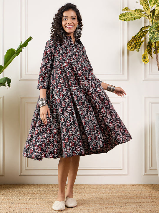 Black Maroon Ajrak Leaves Collar Flared Dress