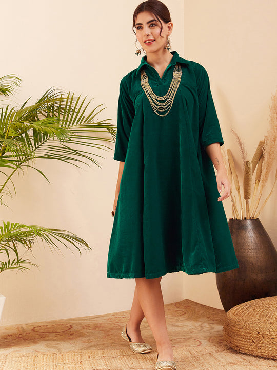 Teal Velvet Collared Neck Flared Midi Dress