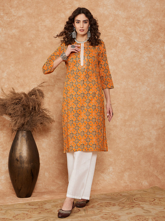 Mustard Ethnic Print Lace Gota Work Straight Kurta