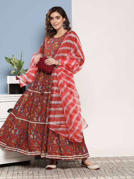 Red Floral Print Tiered Dress With Lace With Red Leh Dupatta
