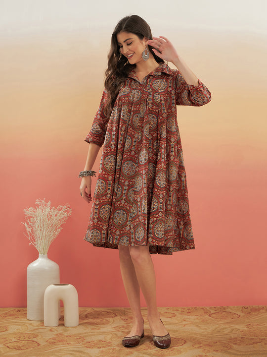 Maroon Mughal Kalamkari Flared Dress