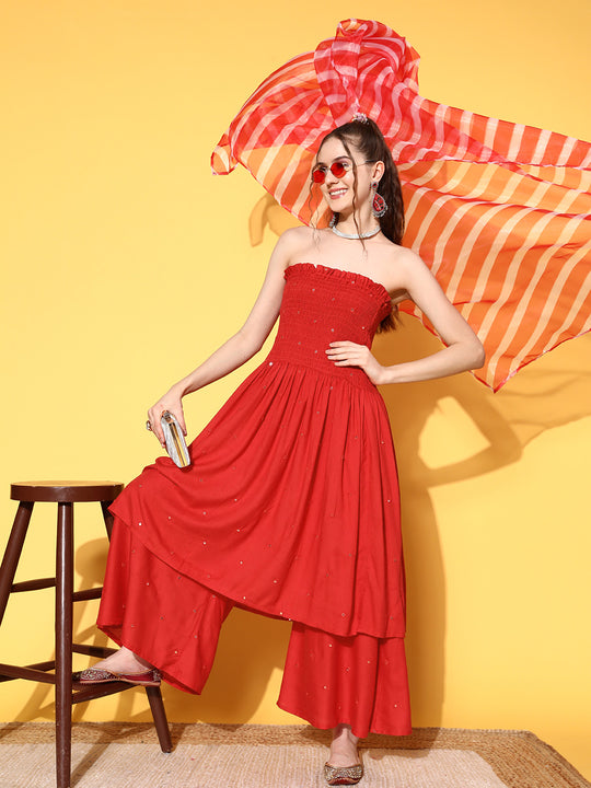 Red Mirror Work Off Shoulder Kurta Set With Lehriya Dupatta