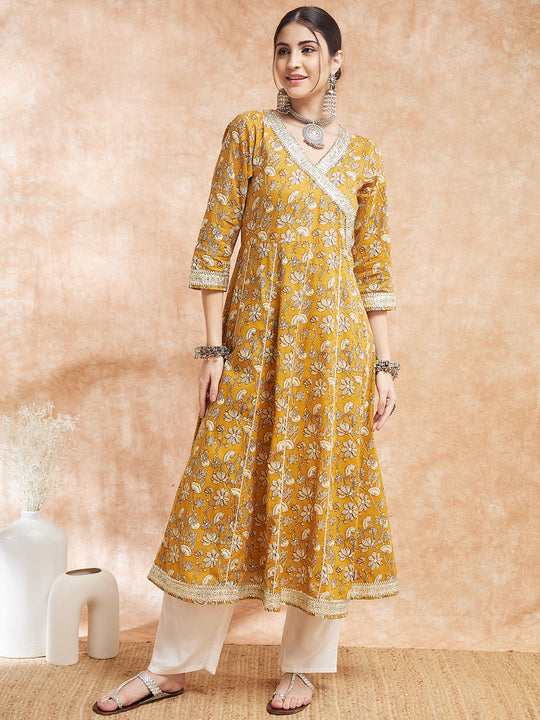 Mustard Printed Gota Embroidered Anarkali Kurta