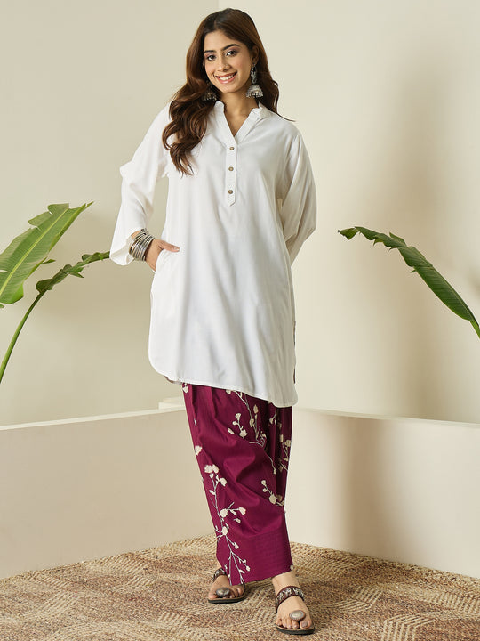White Kurta Wine Floral Salwar Set