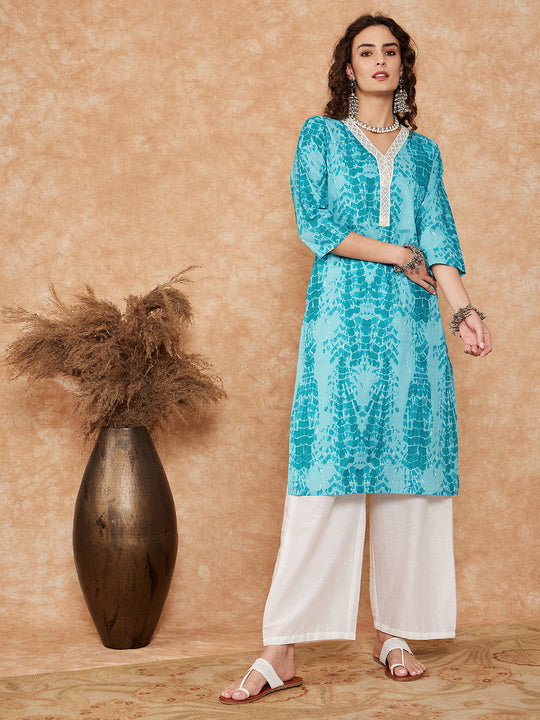 Cyan Blue Tie & Dye White Lace Neck V Neck Straight Kurta