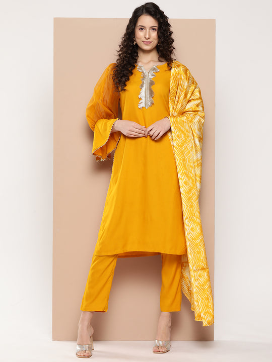 Mustard Organza Sleeve Kurta Set With Mustard Bushy Tie- Dye Dupatta