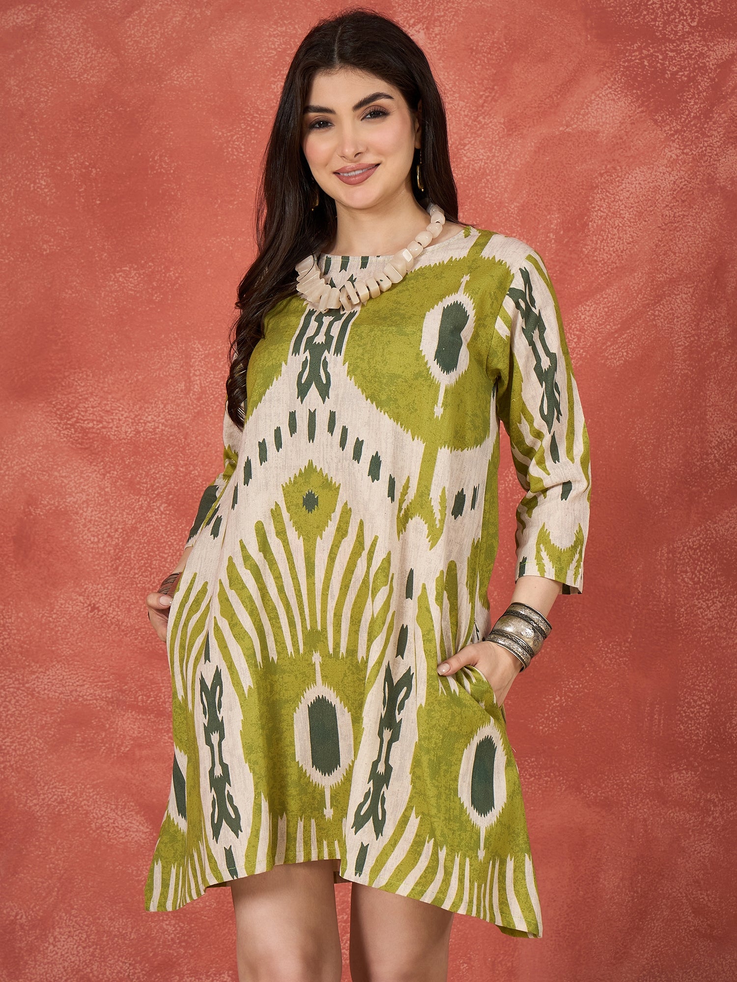 Olive White Ikkat Print Round Neck Short Dress