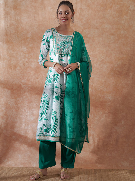 White Teal Lurex Leaf Print Patch Gota Kurta Set W Teal Dupatta