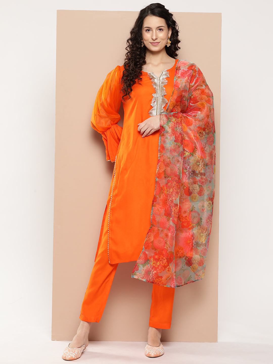 Black Floor Length Silk Kurti with Orange Bhandhej Dupatta - anokherang -  3316799