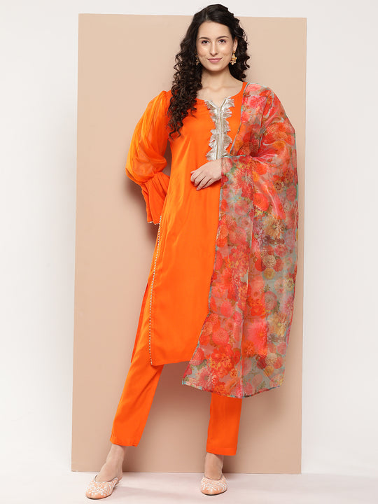 Orange Organza Sleeve Kurta Set W Green Or Dupatta