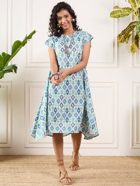 Turquoise White Ikkat Print Short Round Neck Aline Dress