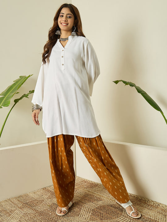White Kurta Peanut Brown Salwar Set