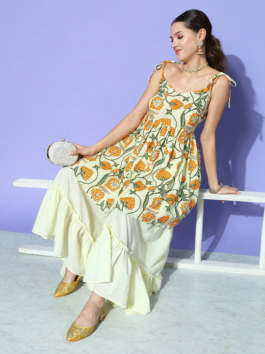 Off White Yellow Floral Print Tie Up Kurta Sharara Set
