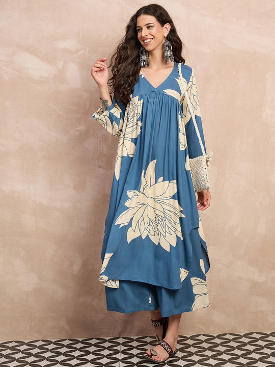Blue Big Lotus Print Flared Kurta Set