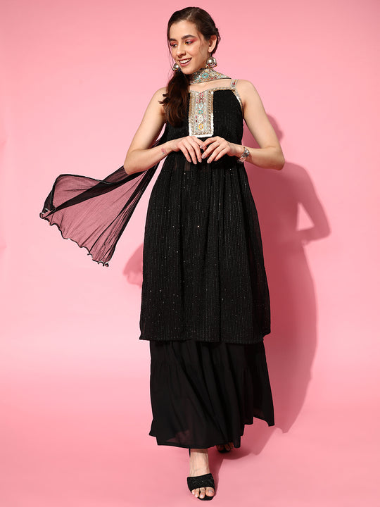 Black Gota Insert Neckline Sharara Set