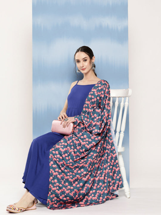 Ink Blue Strappy Set With Navy Pink Lotus Cr Dupatta