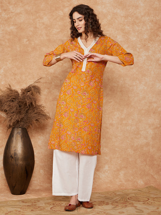 Fire Yellow Print V Neck Lace Work Straight Kurta