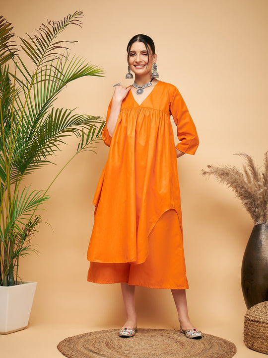 Orange Flared Kurta Palazzo Set