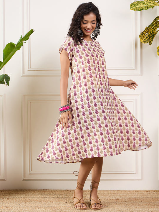 Offwhite Deep Ruby Ikkat Print Round Neck Aline Dress