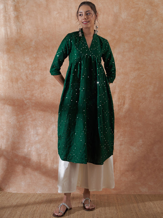 Forest Green Mirror Work  Flared Kurta