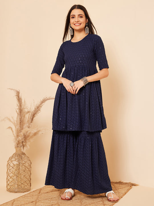 Royal Blue Chikankari Kurta Set With Sharara