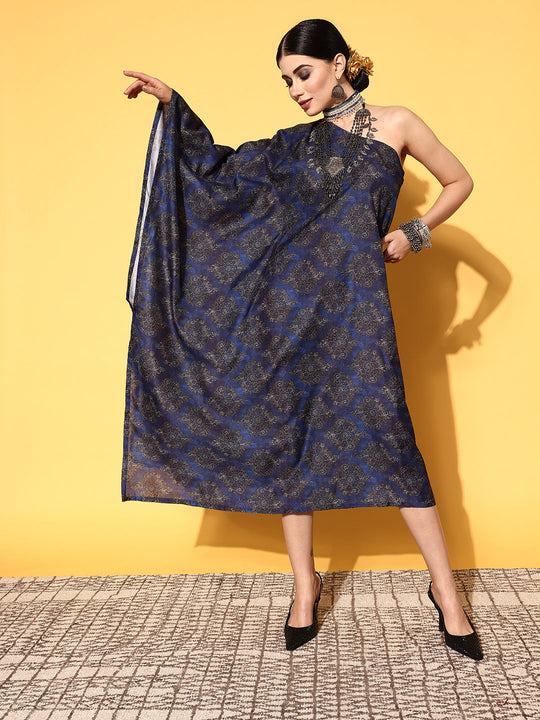 Indigo Boota Print One Shoulder Kaftan Dress