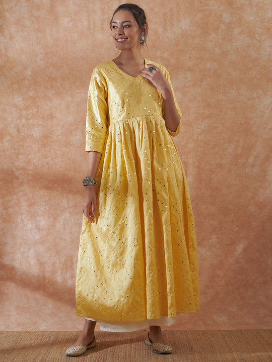 Light Yellow Mirror Work Long Anarkali Kurta