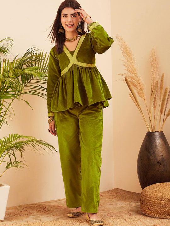 Olive Mughal Shaan Style Velvet Short Kurta Set