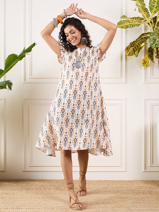 Offwhite Orange Black Ikkat Print Round Neck Aline Dress
